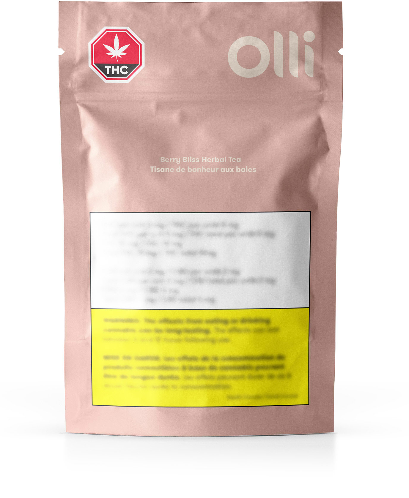 Pink resealable product packaging for Olli Berry Bliss Herbal Tea. Contains government warnings.