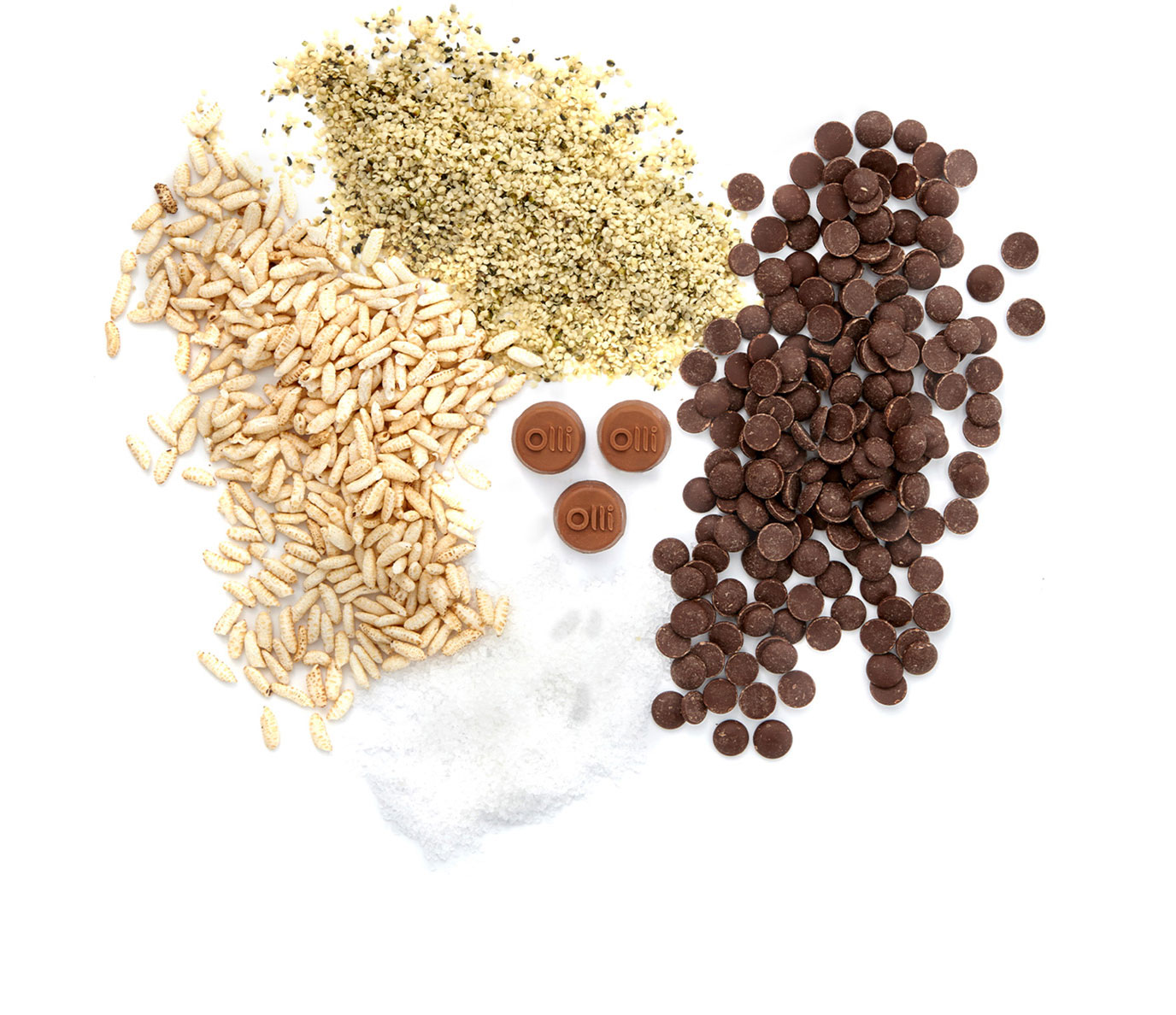 Overhead photo of Olli Chocolate Hemp Crunch ingredients including Hemp, Quinoa, Chocolate, and Sugar