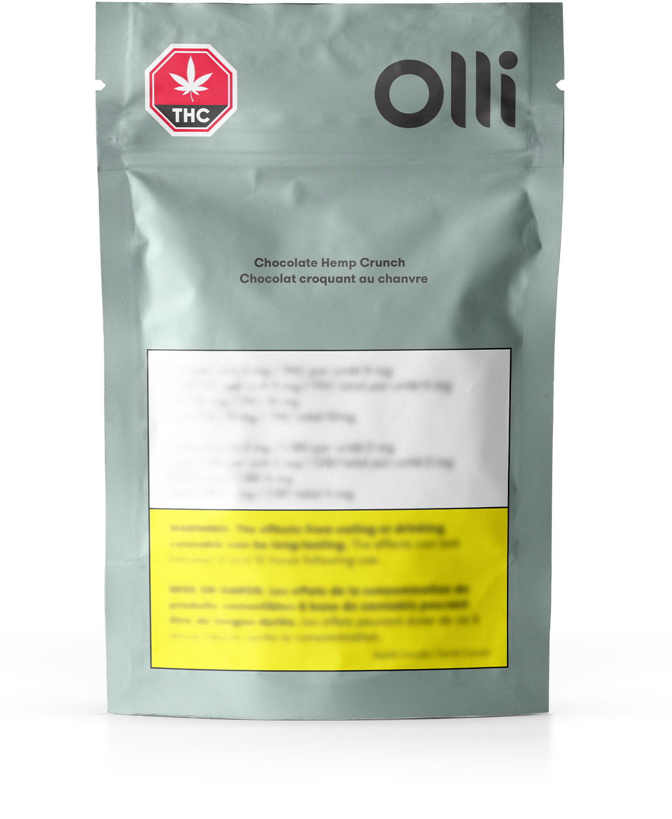 Light green resealable product packaging for Olli Chocolate Hemp Crunch Edible. Contains government warnings.