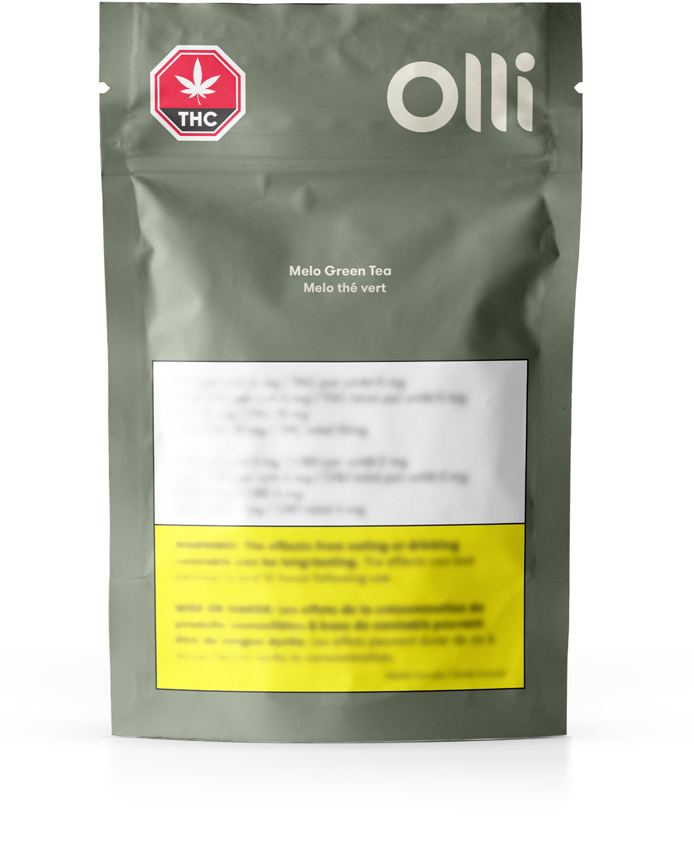 Olive green resealable product packaging for Olli Melo Green Tea. Contains government warnings.