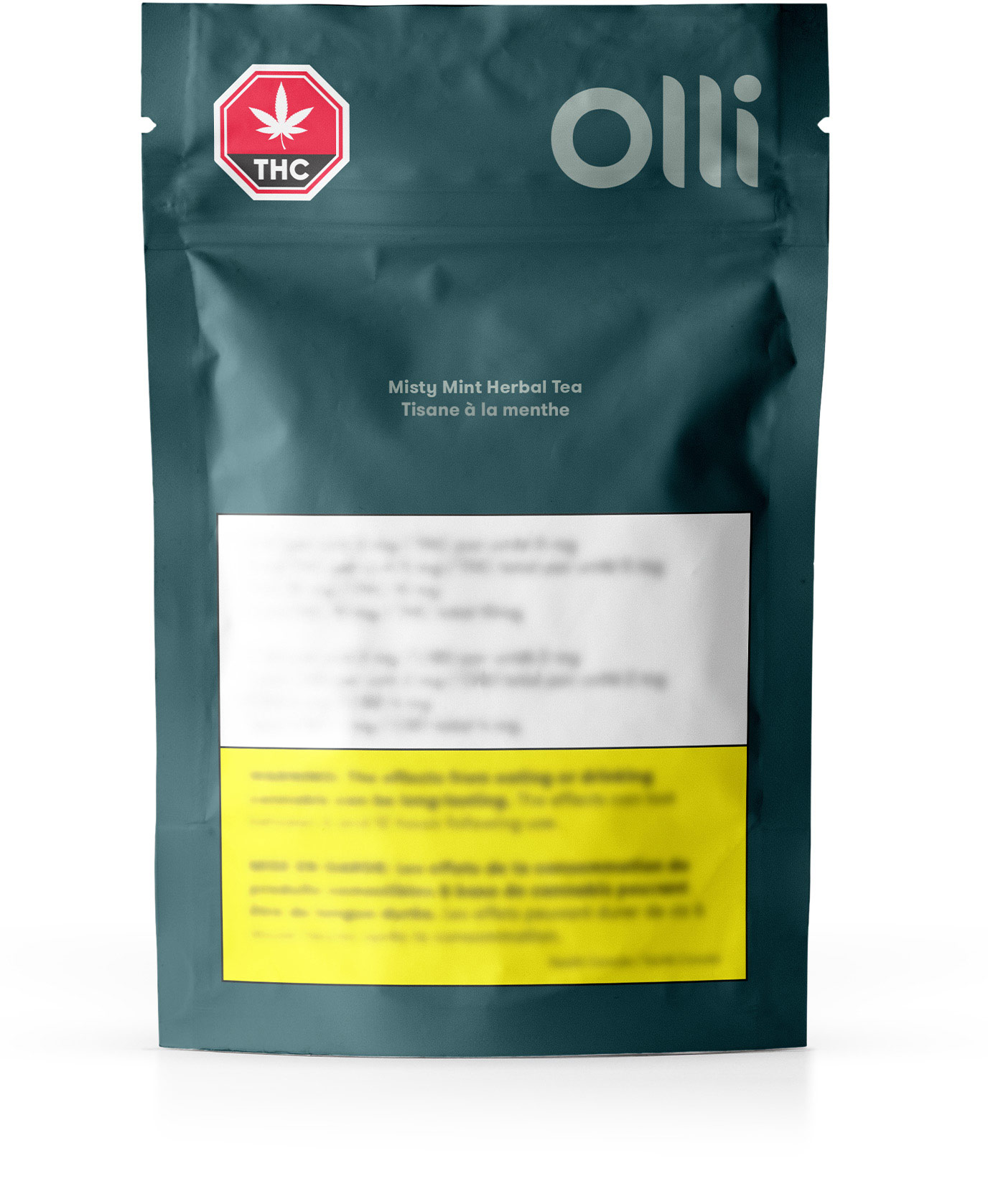Dark green resealable product packaging for Olli Misty Mint Herbal Tea. Contains government warnings.