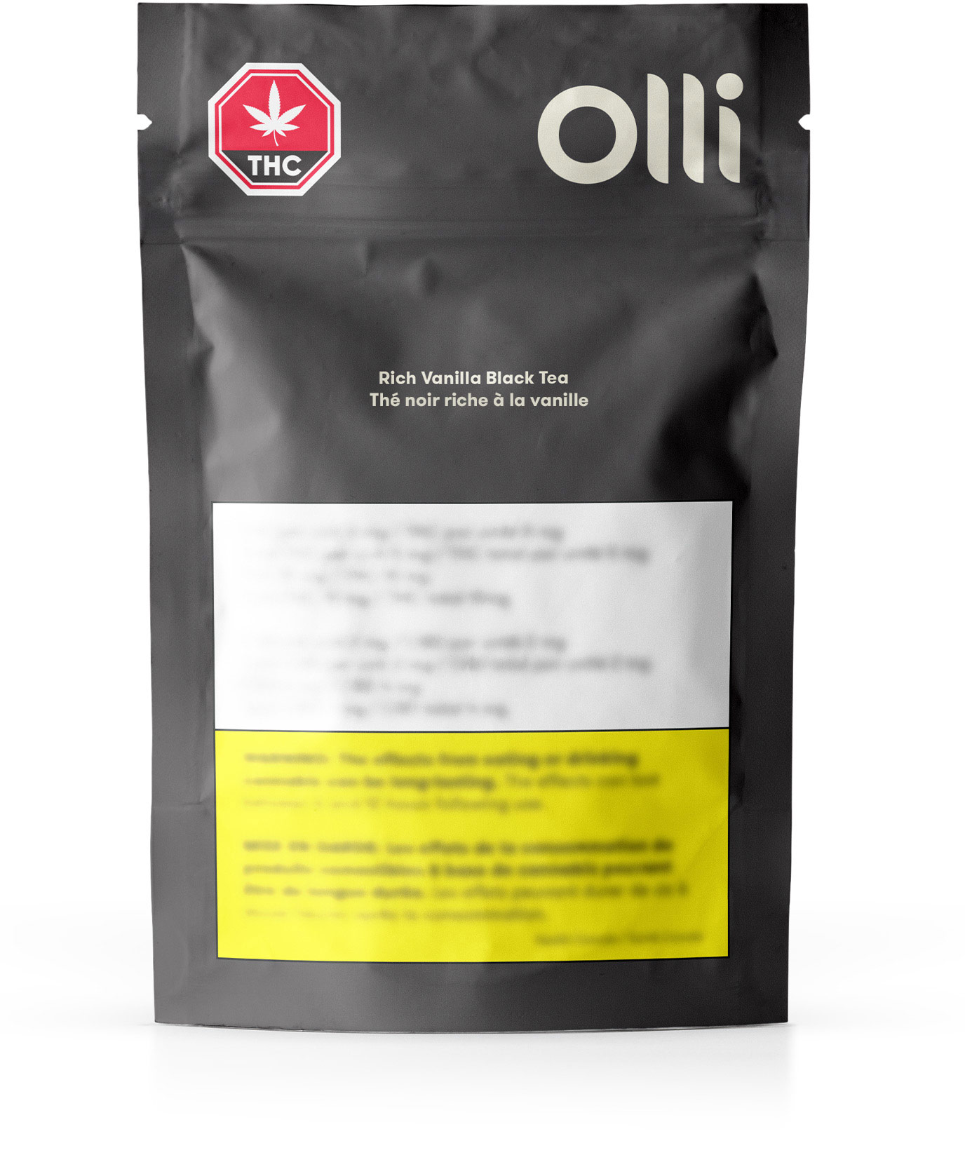 Black resealable product packaging for Olli Rich Vanilla Black Tea. Contains government warnings.