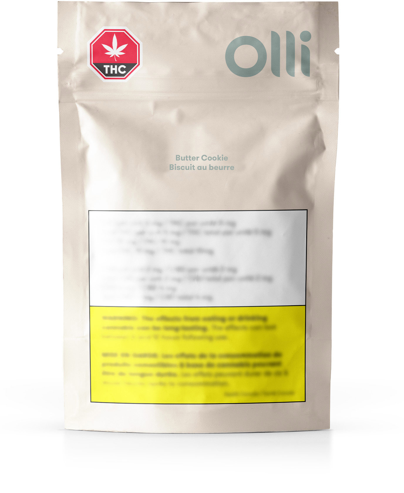 White resealable product packaging for Olli Butter Cookie. Contains government warnings.