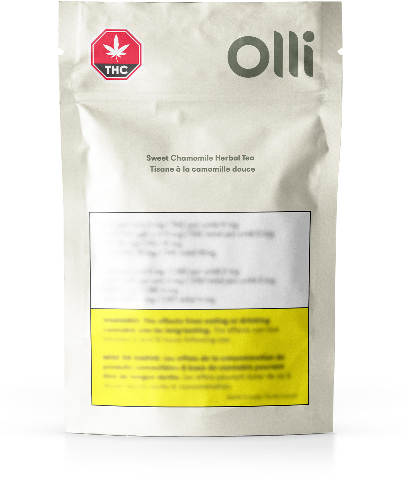 White resealable product packaging for Olli Sweet Chamomille Herbal Team. Contains government warnings.